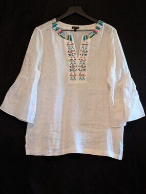 Talbots Fish Embellished Linen Tunic White Flounce Sleeve Top Large Summer Airy
